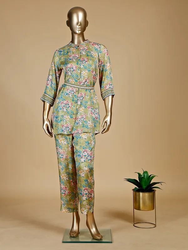Sage green silk printed co ord set