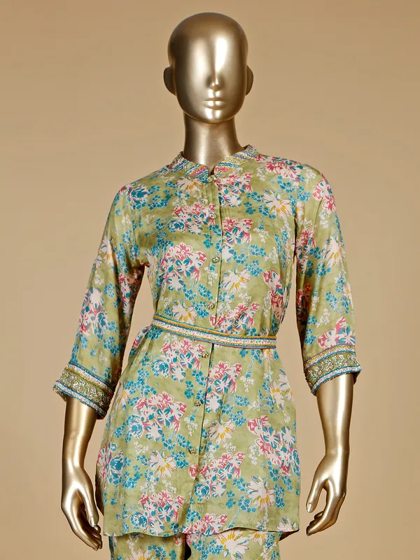 Sage green silk printed co ord set