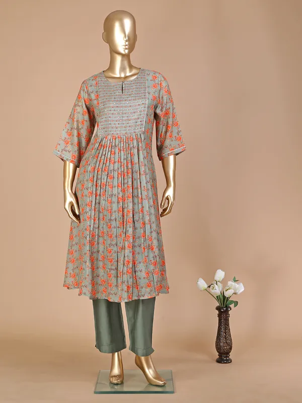 Sage green silk printed kurti set