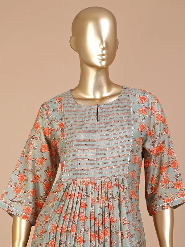Sage green silk printed kurti set