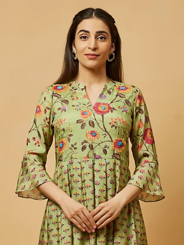 Sage green silk printed kurti with pant