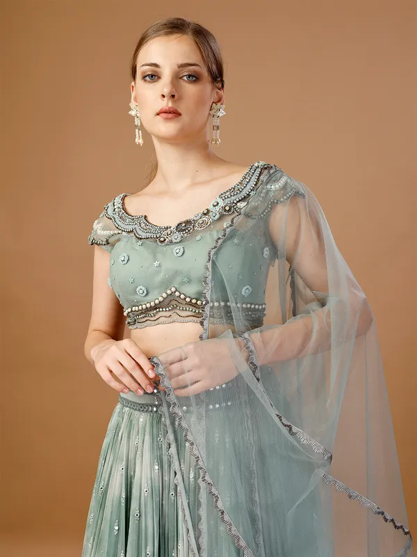 Sage green tie-dye lehenga choli