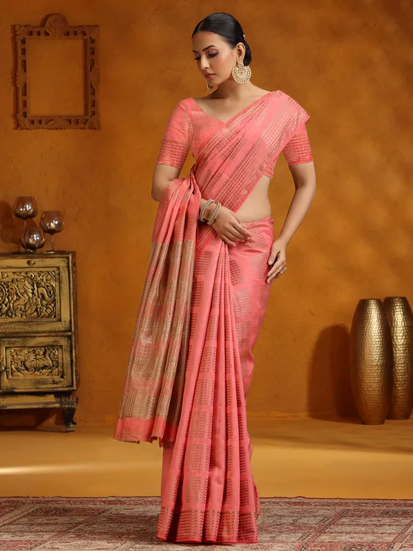 Salmon peach wedding wear silk saree