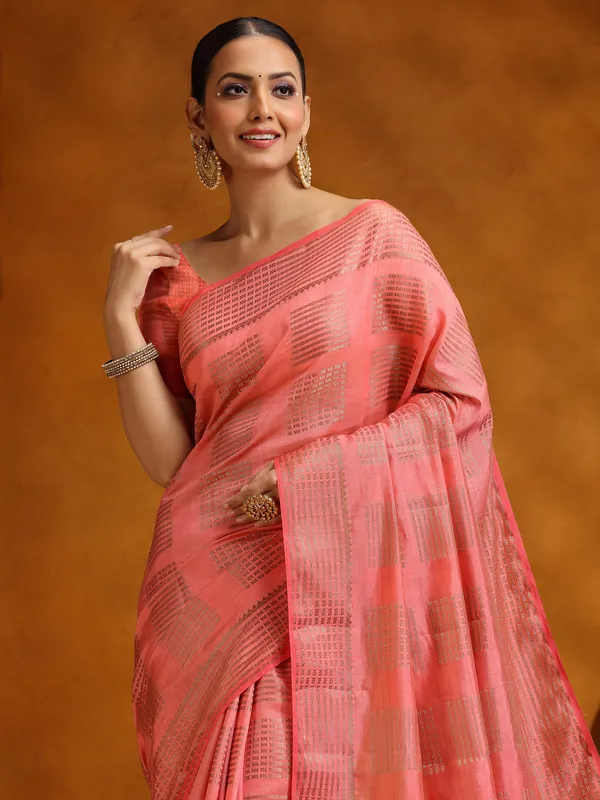 Salmon peach wedding wear silk saree