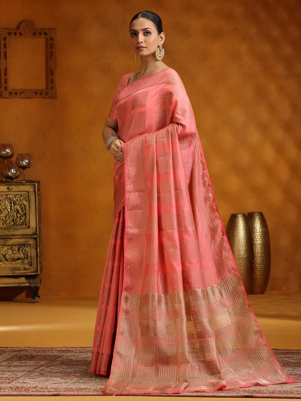 Salmon peach wedding wear silk saree