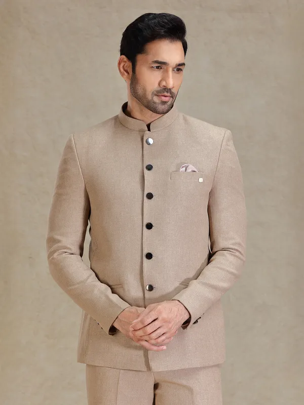 Sand khaki jacquard net jodhpuri suit