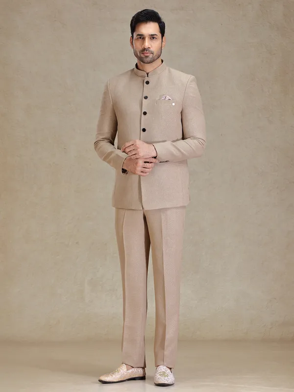 Sand khaki jacquard net jodhpuri suit