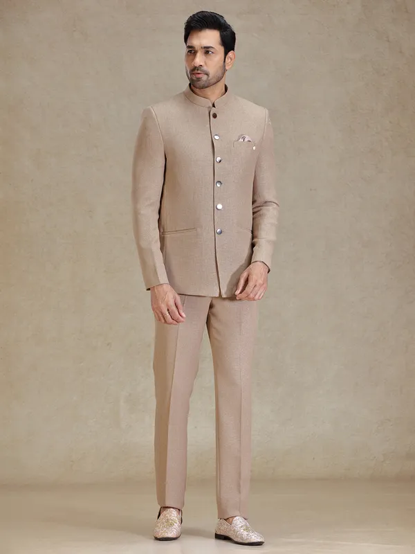 Sand khaki jacquard net jodhpuri suit