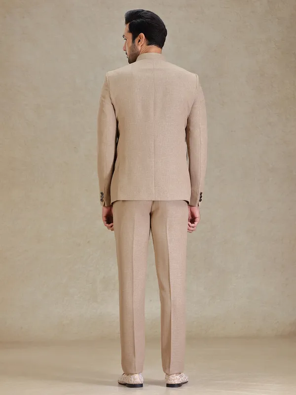 Sand khaki jacquard net jodhpuri suit