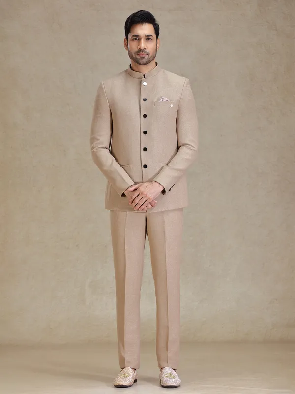 Sand khaki jacquard net jodhpuri suit