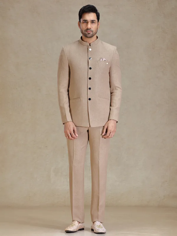Sand khaki jacquard net jodhpuri suit