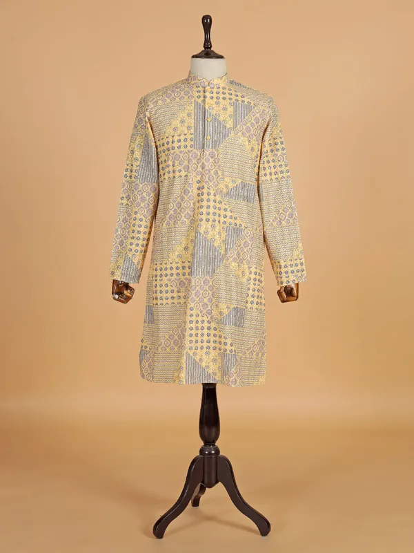 Sand yellow embroided kurta set for men
