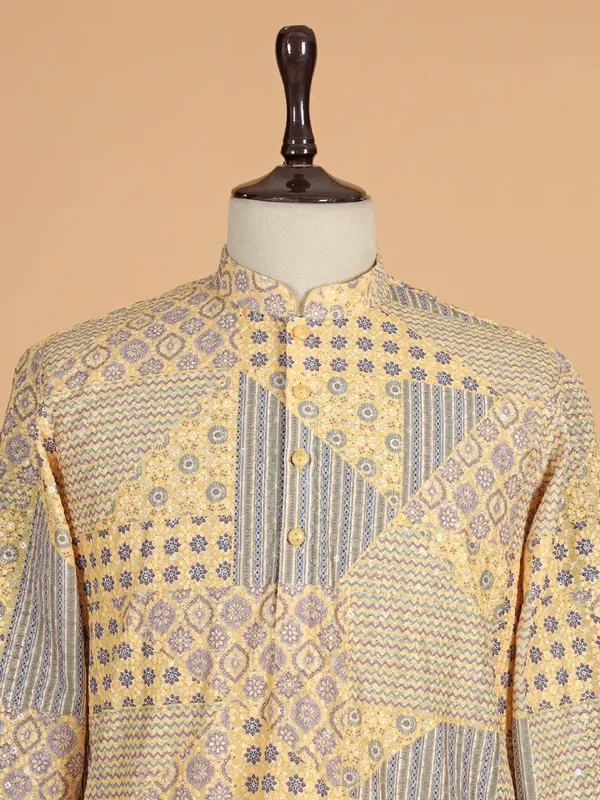 Sand yellow embroided kurta set for men