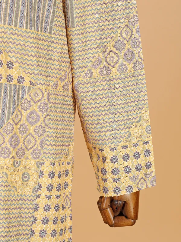 Sand yellow embroided kurta set for men
