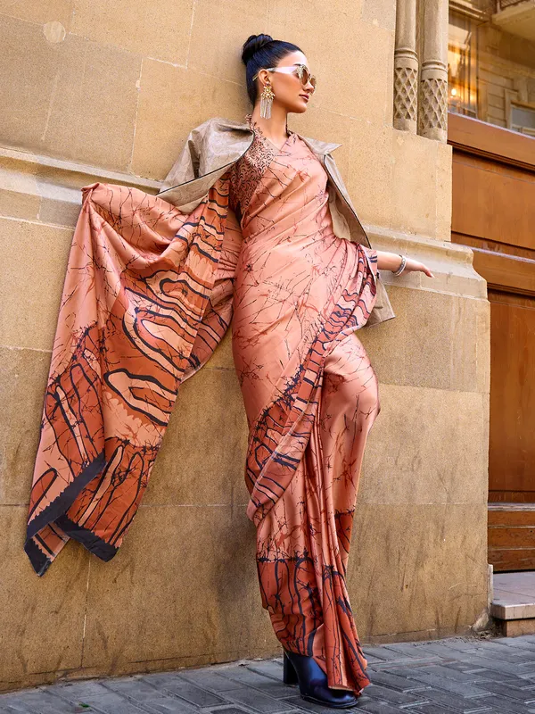 Satin crepe printed saree in peach