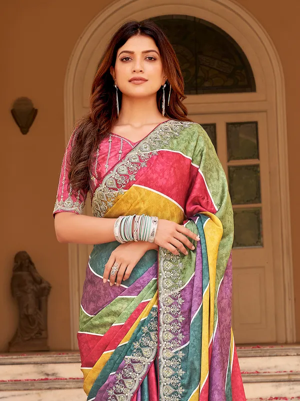 Satin multi color stripe saree