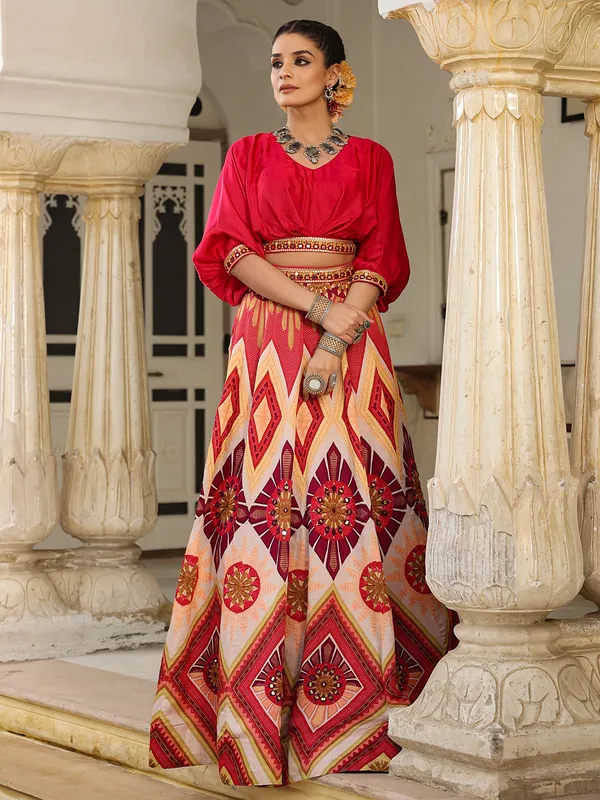Satin red lehenga with crop top
