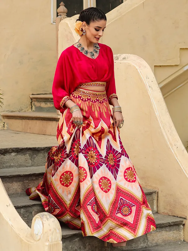 Satin red lehenga with crop top