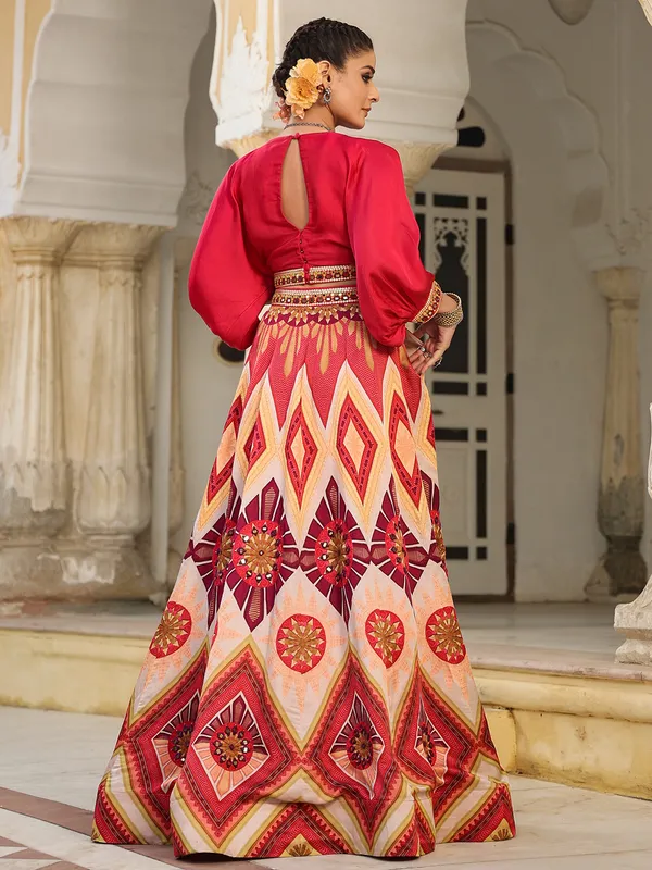 Satin red printed lehenga with crop top