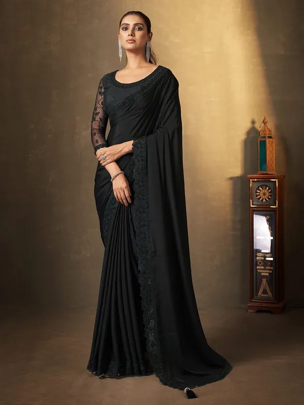 Satin silk black embroidery saree