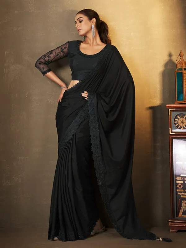 Satin silk black embroidery saree