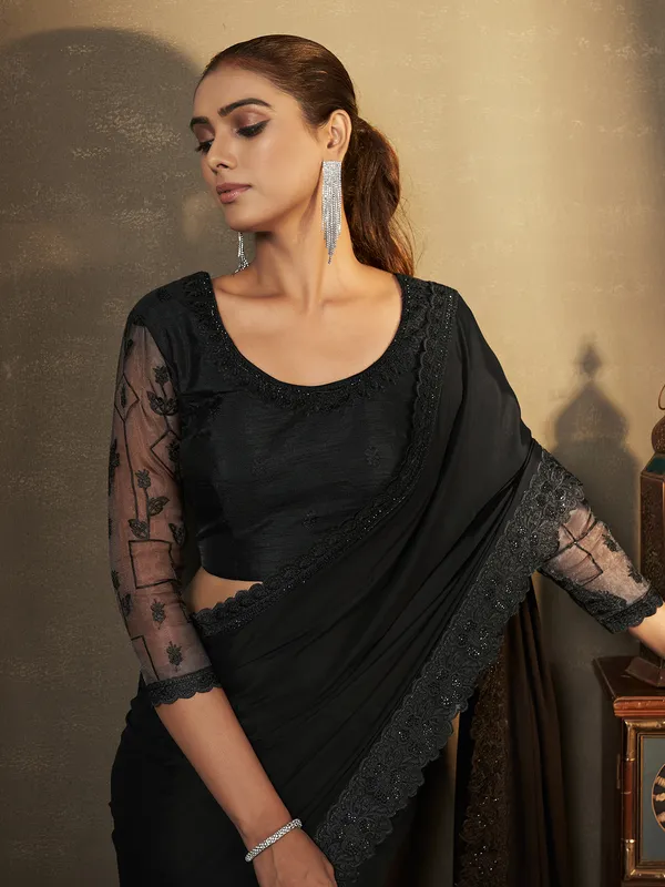 Satin silk black embroidery saree