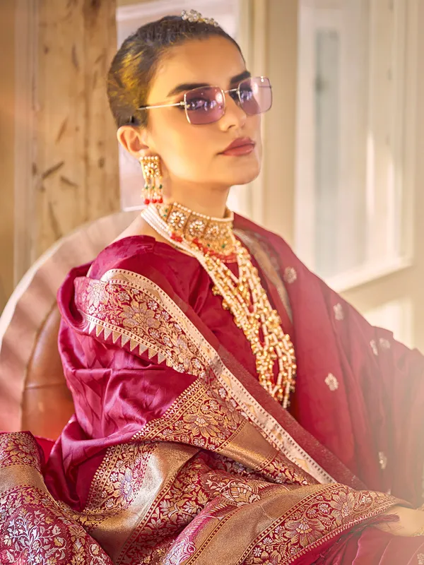 Satin silk maroon dhup chav saree for wedding