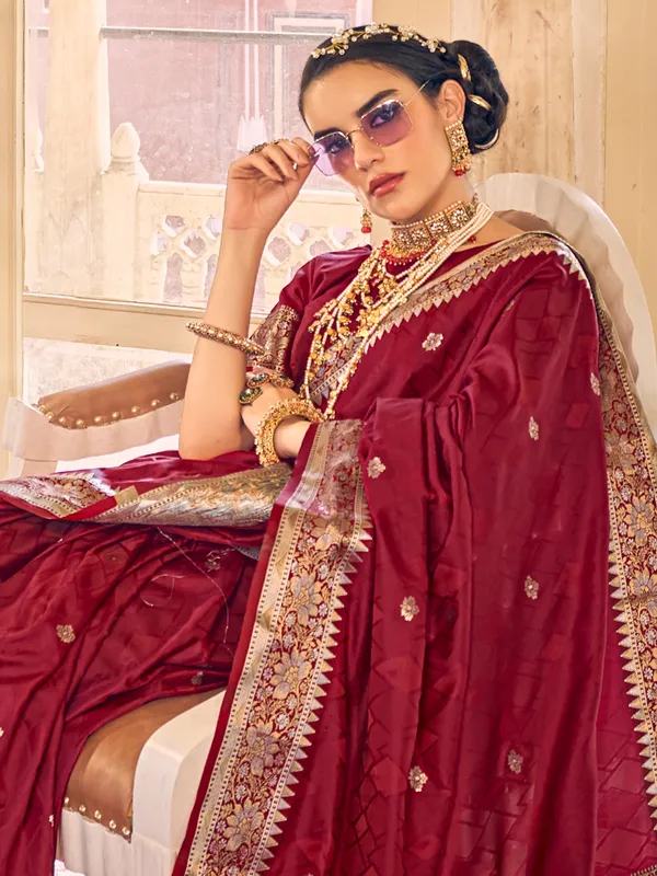 Satin silk maroon dhup chav saree for wedding
