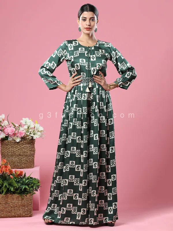 Satin silk printed dark green jumpsuit