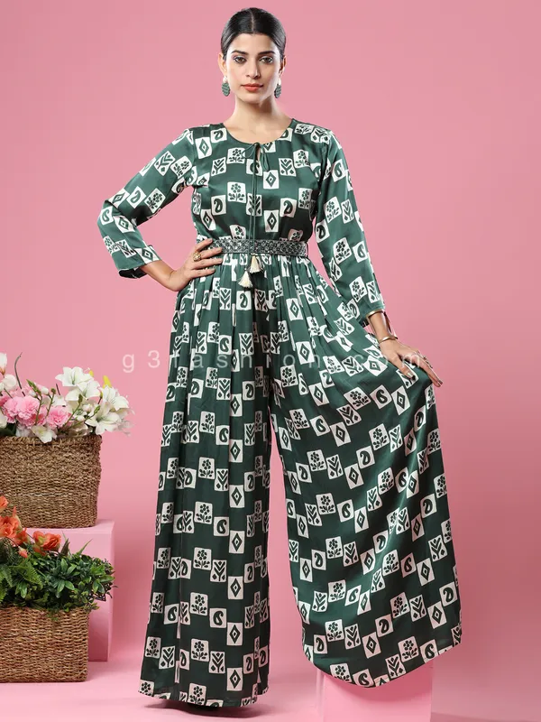 Satin silk printed dark green jumpsuit