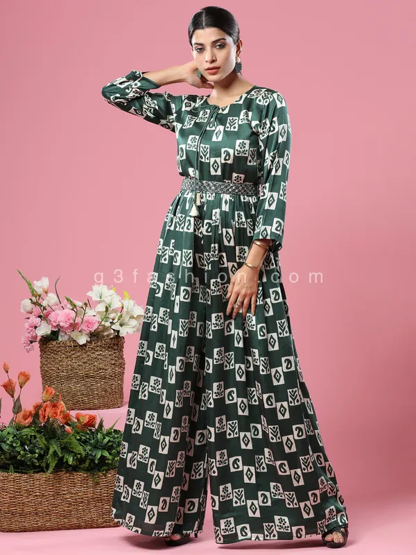 Satin silk printed dark green jumpsuit