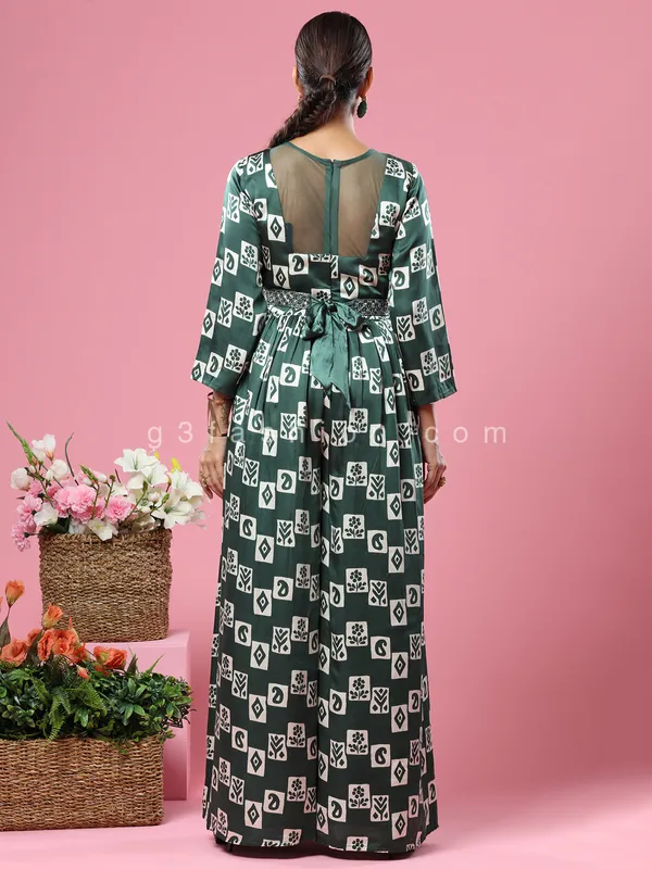 Satin silk printed dark green jumpsuit