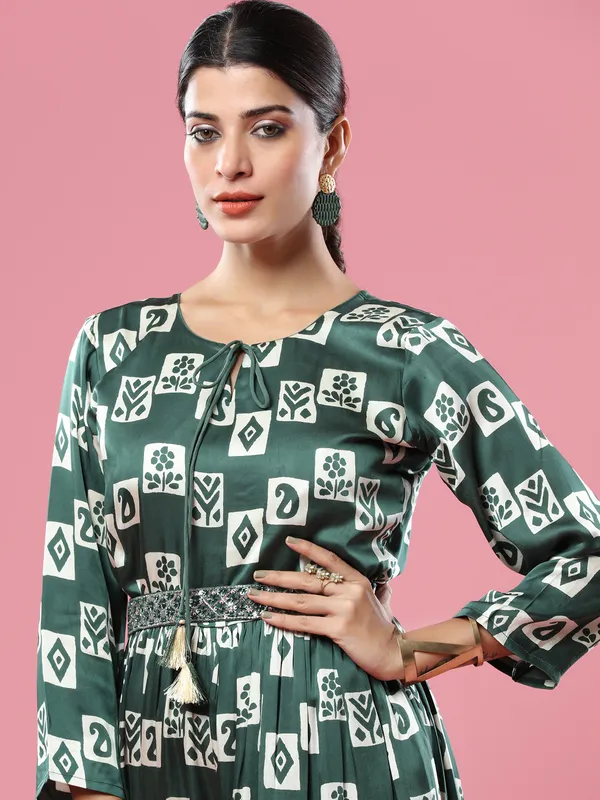 Satin silk printed dark green jumpsuit