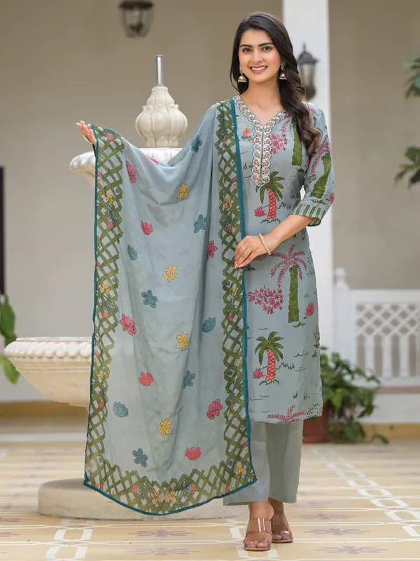 Satin silk printed salwar suit in powder blue