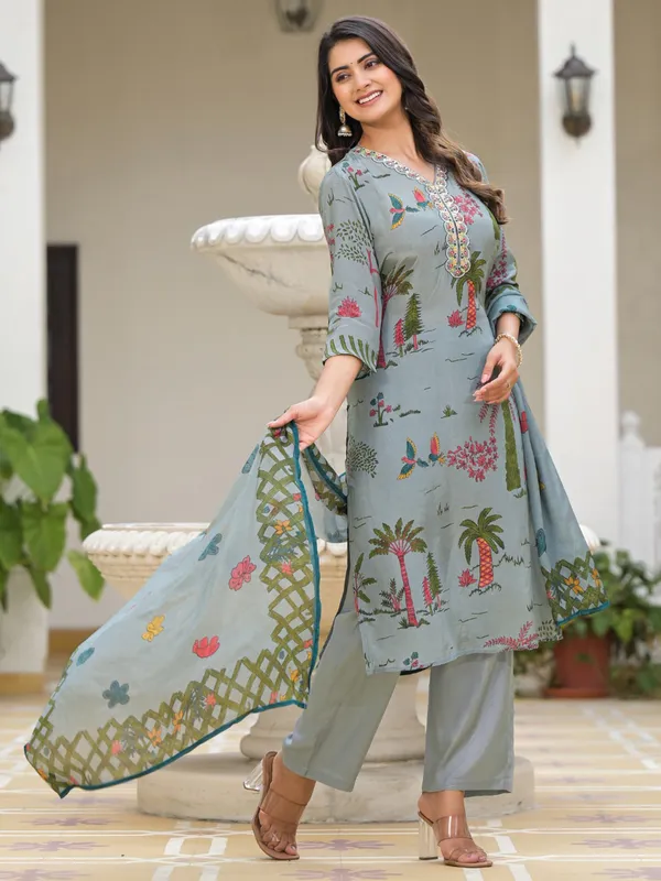 Satin silk printed salwar suit in powder blue