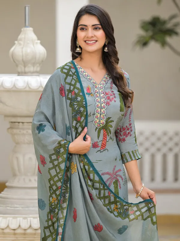 Satin silk printed salwar suit in powder blue