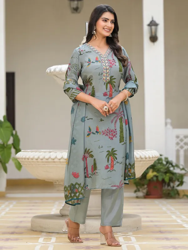 Satin silk printed salwar suit in powder blue