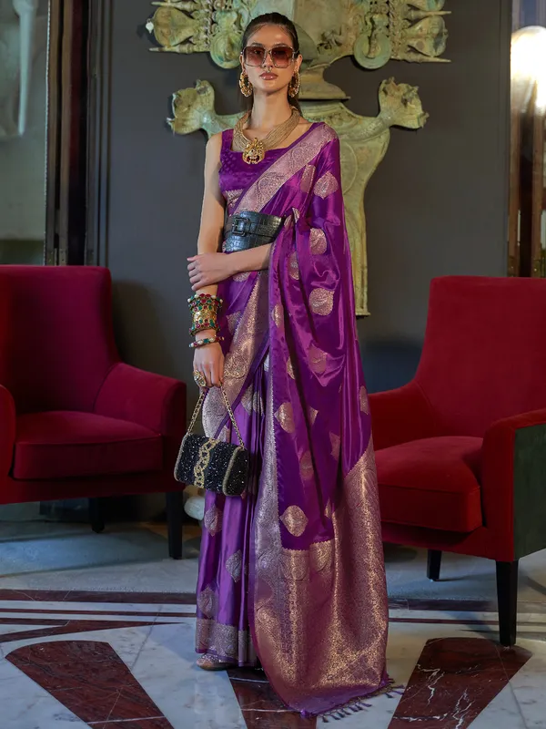 Satin silk zari weaving saree in purple