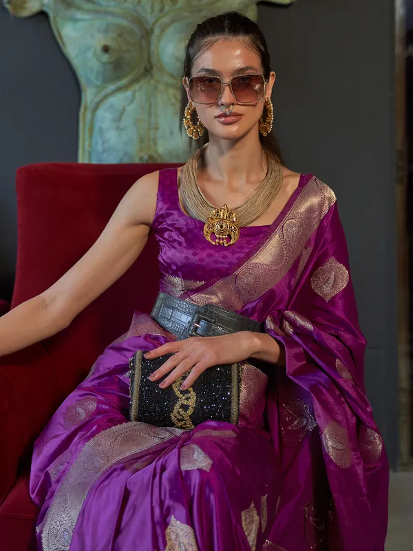 Satin silk zari weaving saree in purple