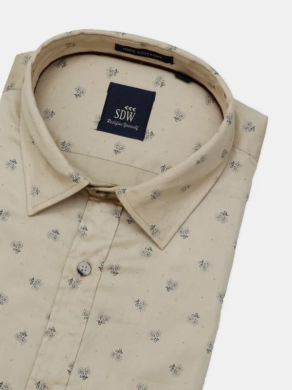 SDW printed formal shirt in beige for mens