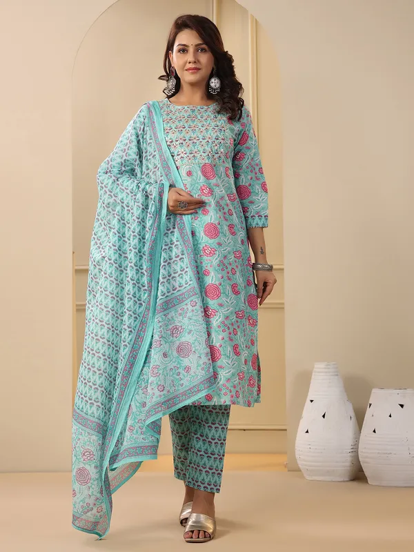 Sea blue cotton printed kurti set