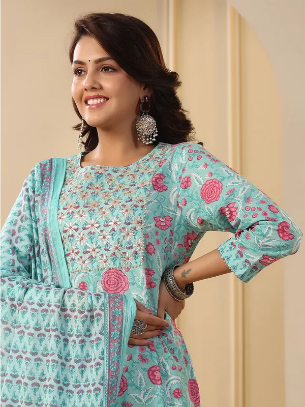 Sea blue cotton printed kurti set