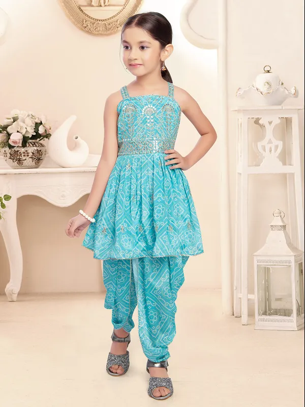 Sea blue printed dhoti suit