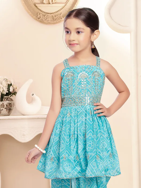 Sea blue printed dhoti suit