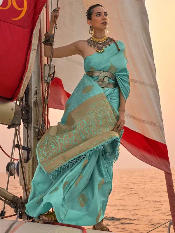 Sea blue silk wedding saree