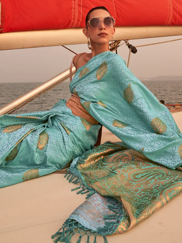 Sea blue silk wedding saree