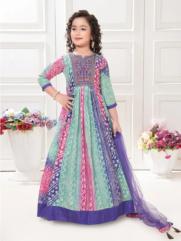 Sea green and purple printed anarkali suit
