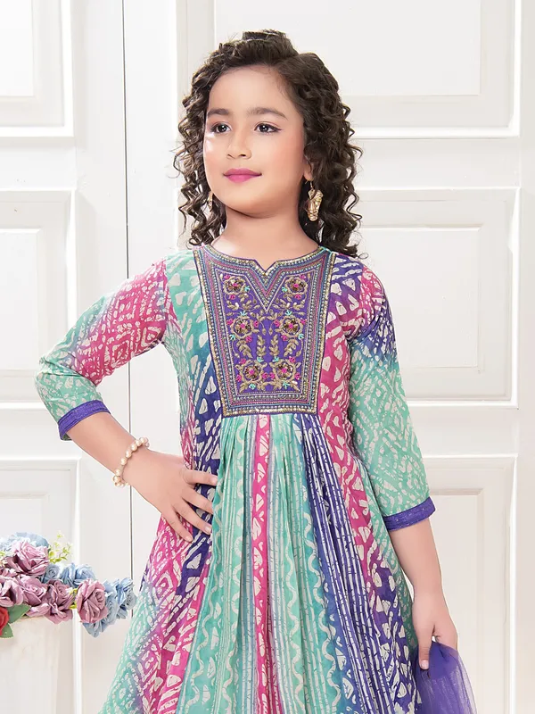 Sea green and purple printed anarkali suit