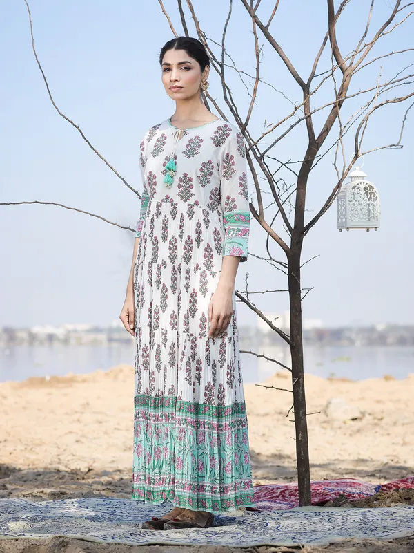 Sea green and white cotton kurti
