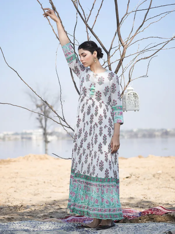 Sea green and white cotton kurti